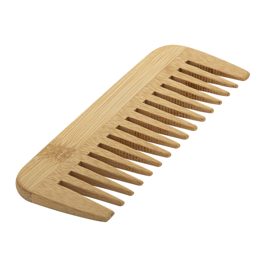 A natural bamboo hair comb with wide, open teeth and a rounded handle, shown on a plain white background.