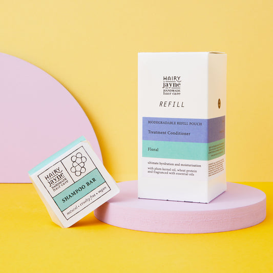 Hairy Jayne shampoo bar and conditioner refill box on a yellow background