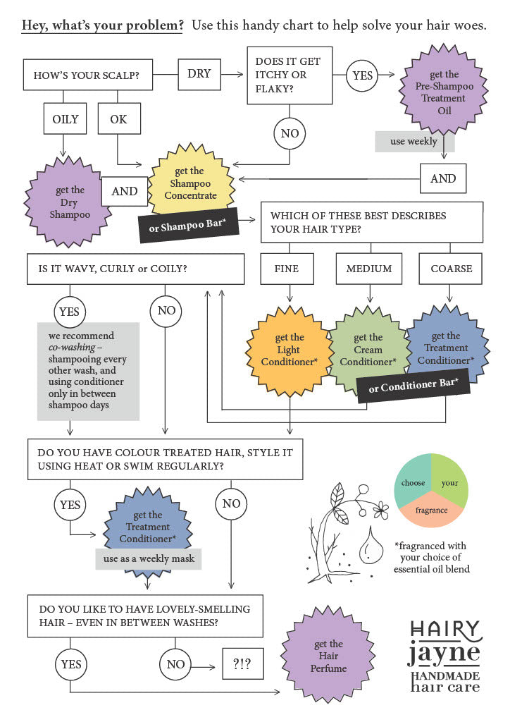Hair care decision-making chart by Hairy Jayne with various hair care products and questions.