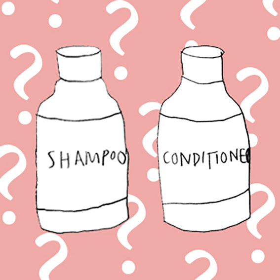 illustration of a shampoo and a conditioner bottle with question marks behind
