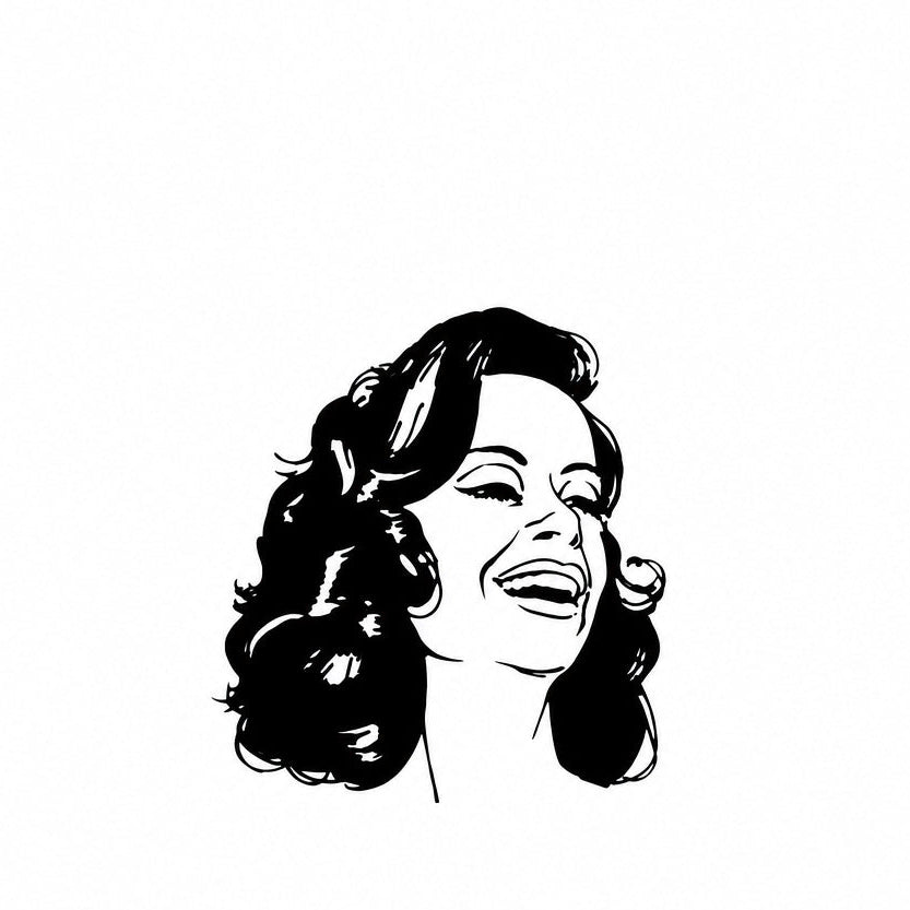 Black and white graphic illustration of a woman's face with closed eyes and a smiling expression, shown on a plain white background.